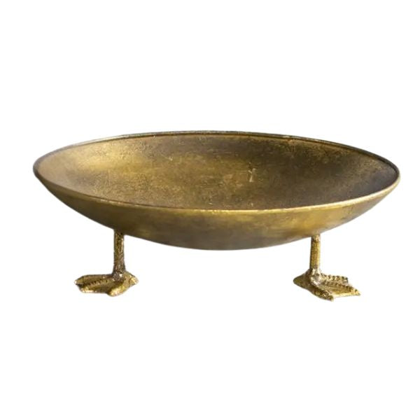 Decorative gold metal bowl with detailed duck feet supporting the base, perfect for kitchen or dining gifts, called Iron Accent Trays with Duck Feet, Gold, 12 in.