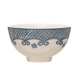 Hand-Stamped Stoneware Bowl w/ Pattern featuring a classic blue geometric and floral design, perfect for kitchen decor or thoughtful gifts, from Knotty and Board.