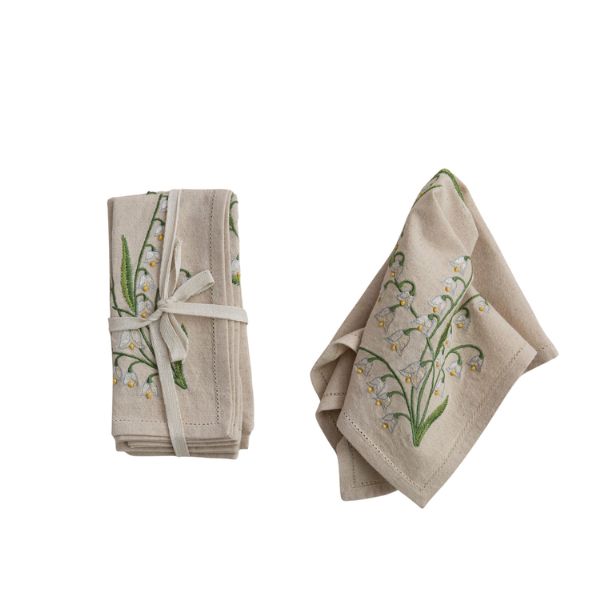 Embroidered Lily of the Valley Cotton & Linen Napkin Set, 18 in