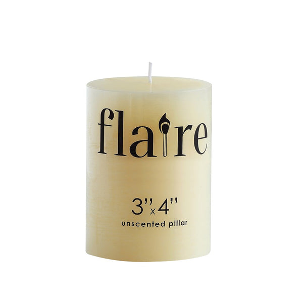 Cream-colored Unscented Pillar Candle, 3x4" featuring black text branding, perfect for Knotty and Board decor, kitchen, dining, and gift ideas.