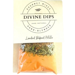 Clear pouch of Seasoning Dip Mix, Loaded Baked Potato by Divine Dips with a blend of herbs and spices, perfect for kitchen use and entertaining with Knotty and Board gifts.