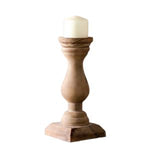 Wood Candle Holder, 12 in. displaying a natural wood finish with a white candle, perfect for adding warm decor accents to kitchen or dining spaces, offered by Knotty and Board. 1