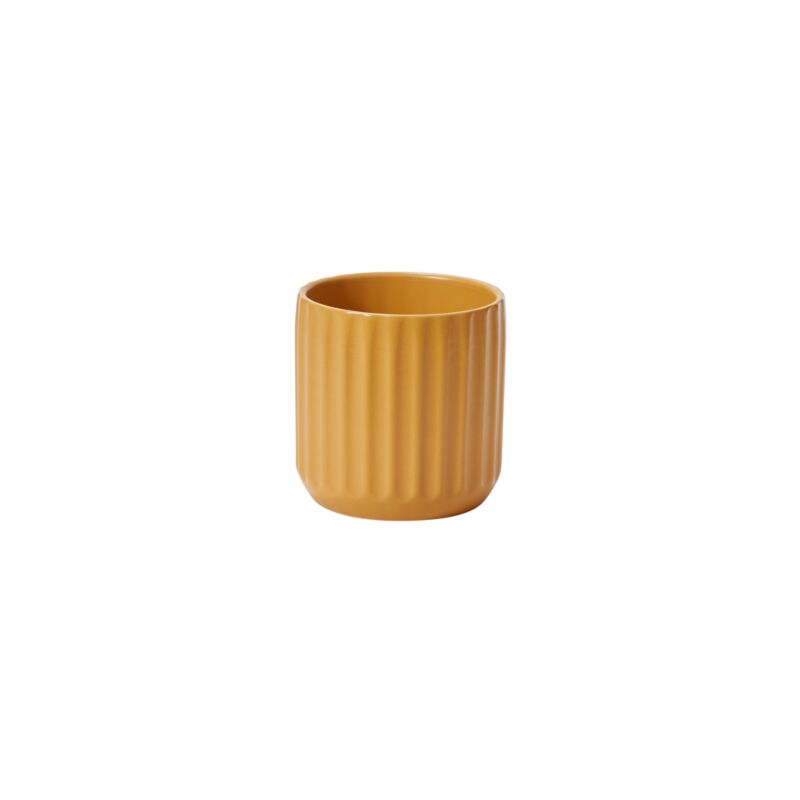 Beam Pot 4.75 x 4.5 in a warm mustard color features subtle vertical ridges, perfect for adding a stylish touch to kitchen or home decor from Knotty and Board.