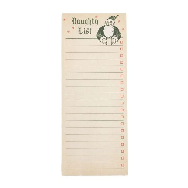 Naughty List Skinny Notepad featuring vintage-style Santa illustration, lined checklist design, perfect for holiday decor, gifts, and entertaining by Knotty and Board. Every Room Needs A Little Knotty and Board.
