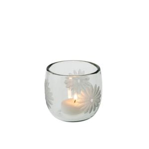 Clear glass votive holder with etched daisy flower patterns, holding a lit candle, elegantly designed for decor and gift purposes, Daisy Glass Votive, Medium, 3 X 3.5 in.