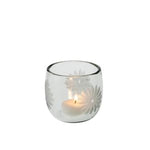 Clear glass votive holder with etched daisy flower patterns, holding a lit candle, elegantly designed for decor and gift purposes, Daisy Glass Votive, Medium, 3 X 3.5 in. 1