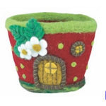 Felt Pot: Strawberry Cottage with red and green felt, featuring a small door, windows, and white flower accents, perfect for whimsical decor or gifts by Knotty and Board. 1