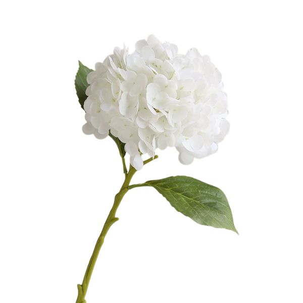 Single ivory Hydrangea Bloom, 12.5 in., with lush petals and green leaves, perfect for elegant decor, gifts, and enhancing any room’s ambiance from Knotty and Board.