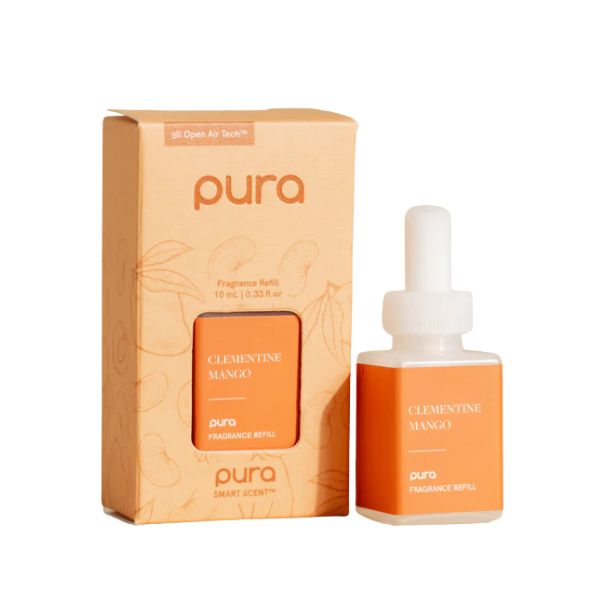 Pura Refill, Clementine Mango fragrance refill bottle and packaging in orange with subtle fruit illustrations, perfect for home decor and gifting from Knotty and Board.