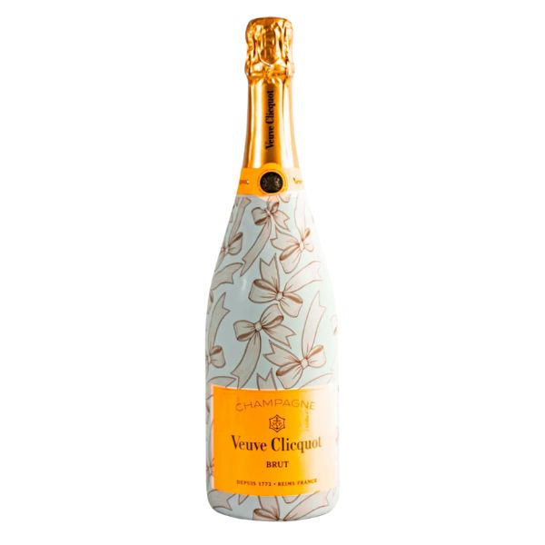 Bottle of Veuve Clicquot champagne wrapped in a decorative sleeve featuring beige bows, part of the Beau Bottles Champagne Collection, Beige Bows, perfect for gifts and entertaining from Knotty and Board.