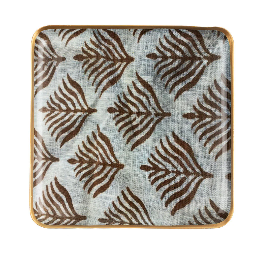 Pluma Enameled Tray Square with a stylish brown and beige leaf pattern, perfect for kitchen or dining decor, gifts, and entertaining, from Knotty and Board. Every Room Needs A Little Knotty and Board.