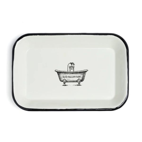 Enamel Bar Soap Caddy Tray, Ivory with a vintage clawfoot bathtub illustration in black, perfect for adding charming decor to your bathroom or kitchen by Knotty and Board. Every Room Needs A Little Knotty and Board.