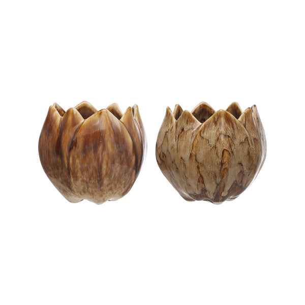 Two rustic ceramic Flower Shaped Planter, 5"Rnd, with a natural wood-like finish, ideal for home decor gifts and adding charm to any room setting.