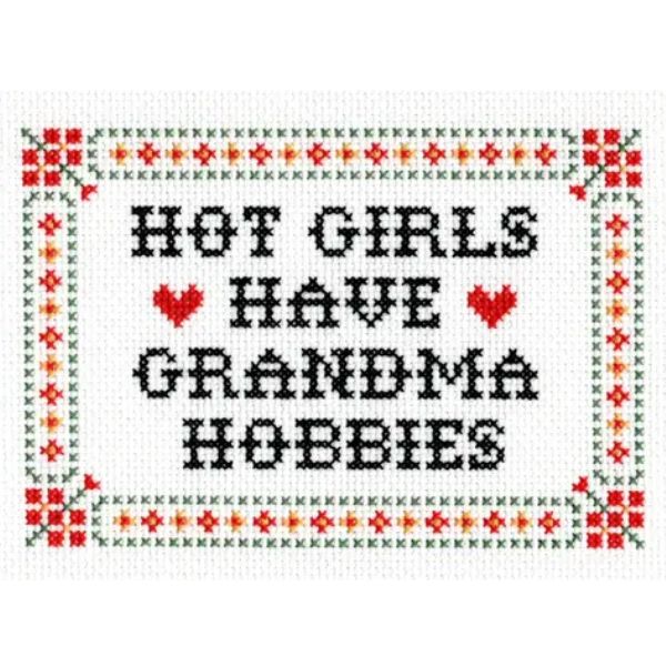 Cross stitched fabric with floral border and text reading Deluxe Cross Stitch Kit, Hot Girls Have Grandma Hobbies, designed as quirky handmade decor from Knotty and Board.