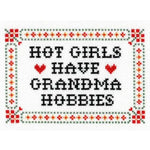 Cross stitched fabric with floral border and text reading Deluxe Cross Stitch Kit, Hot Girls Have Grandma Hobbies, designed as quirky handmade decor from Knotty and Board. 1