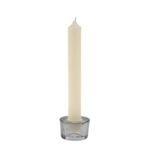 Prism Candle Holder, Small, Grey holding a tall white taper candle, perfect for adding elegant decor to dining or kitchen spaces from Knotty and Board. Every Room Needs A Little Knotty and Board.