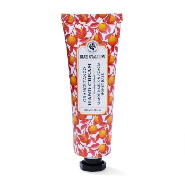 Tube of Blue Stallion Hand Cream, 100 ML, Orange Tango with a bright orange fruit pattern on the packaging, displayed against a white background, perfect for gifts and decor at Knotty and Board.