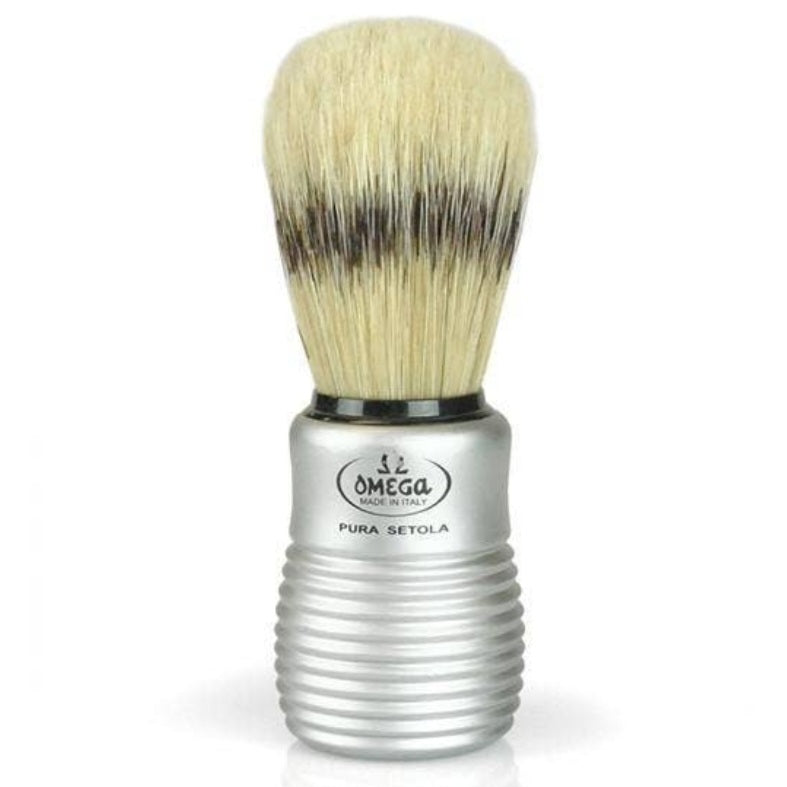 Boar Bristle Shave Brush with Aluminum Handle featuring a ribbed metal grip and dense natural bristles, perfect for classic grooming and stylish bathroom decor from Knotty and Board.
