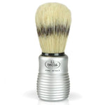Boar Bristle Shave Brush with Aluminum Handle featuring a ribbed metal grip and dense natural bristles, perfect for classic grooming and stylish bathroom decor from Knotty and Board. 1