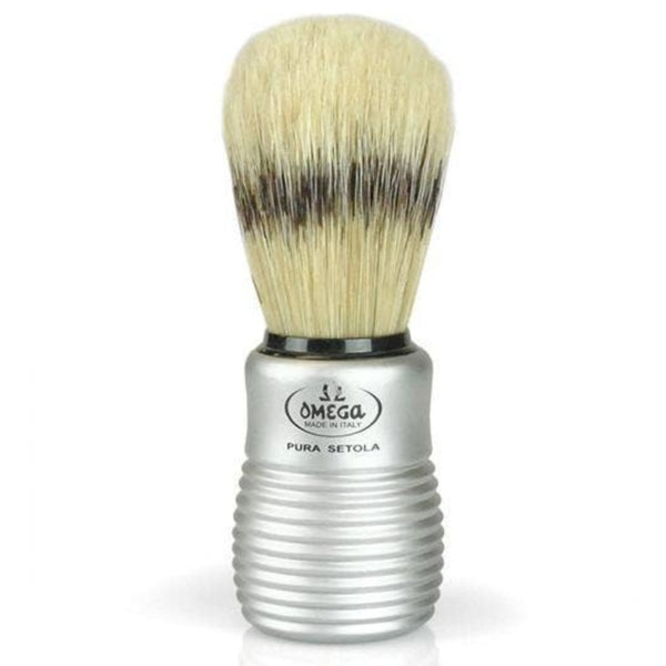 Boar Bristle Shave Brush with Aluminum Handle featuring a ribbed metal grip and dense natural bristles, perfect for classic grooming and stylish bathroom decor from Knotty and Board.