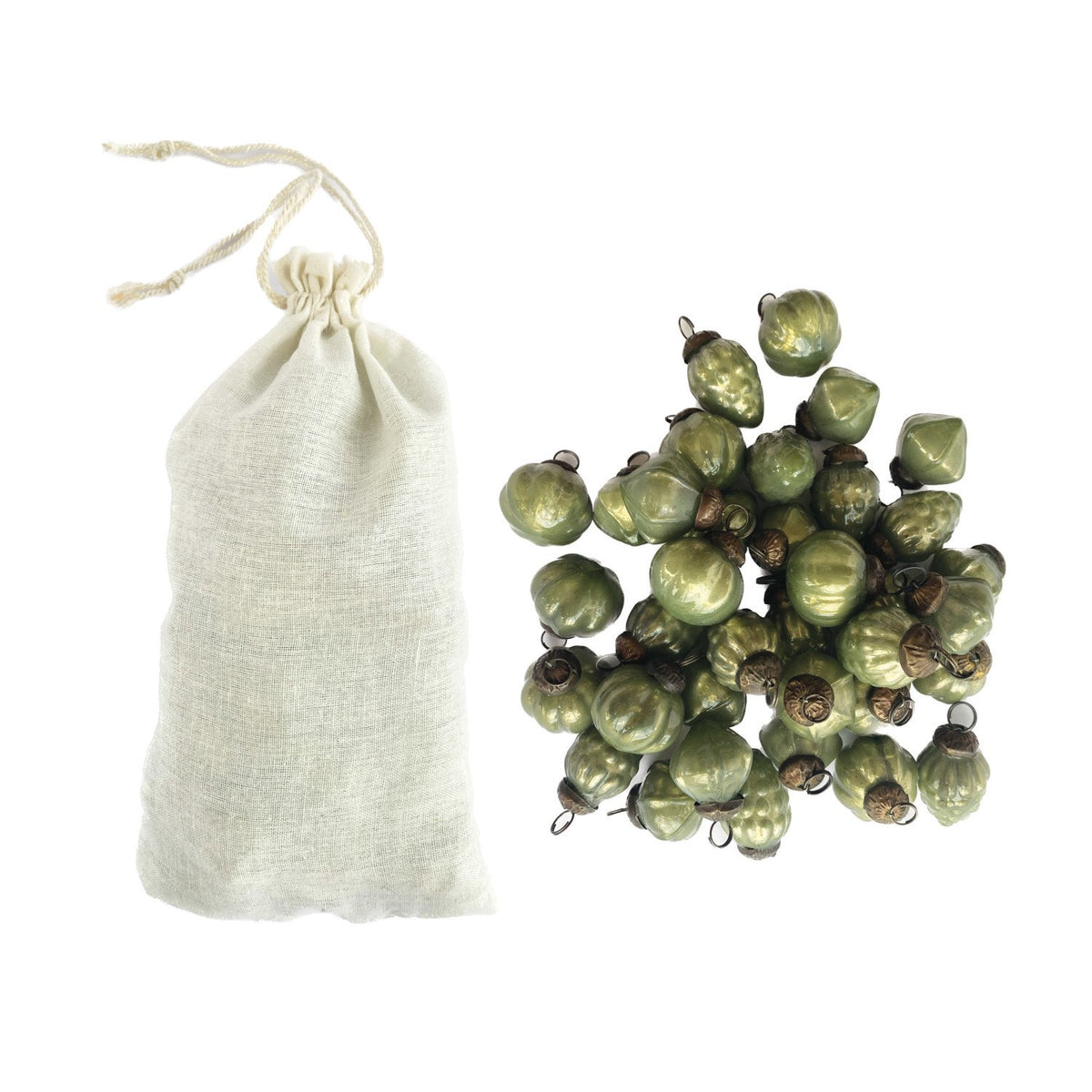 Mercury Glass Ornaments in Muslin Bag, Green, 1