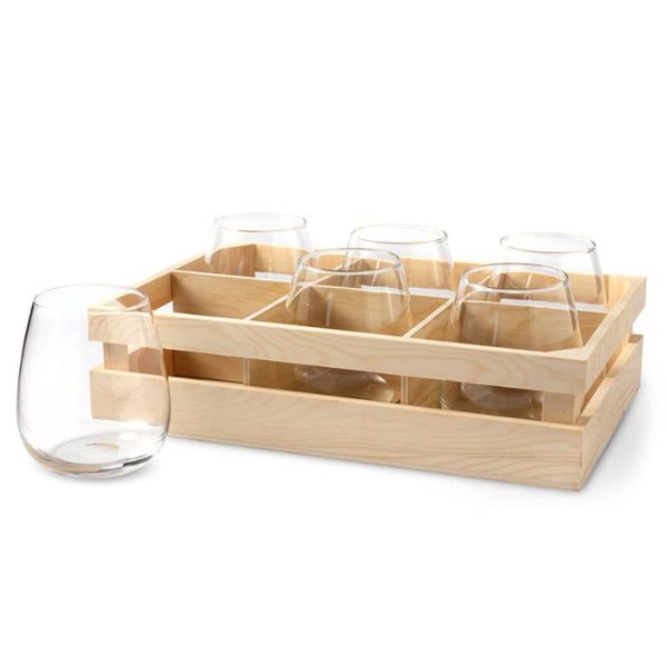 Glass Wine Tumbler In Crate, 14 oz., Set of Six, featuring clear stemless glass tumblers in a light wooden crate, ideal for kitchen, dining, and entertaining gifts from Knotty and Board. Every Room Needs A Little Knotty and Board.