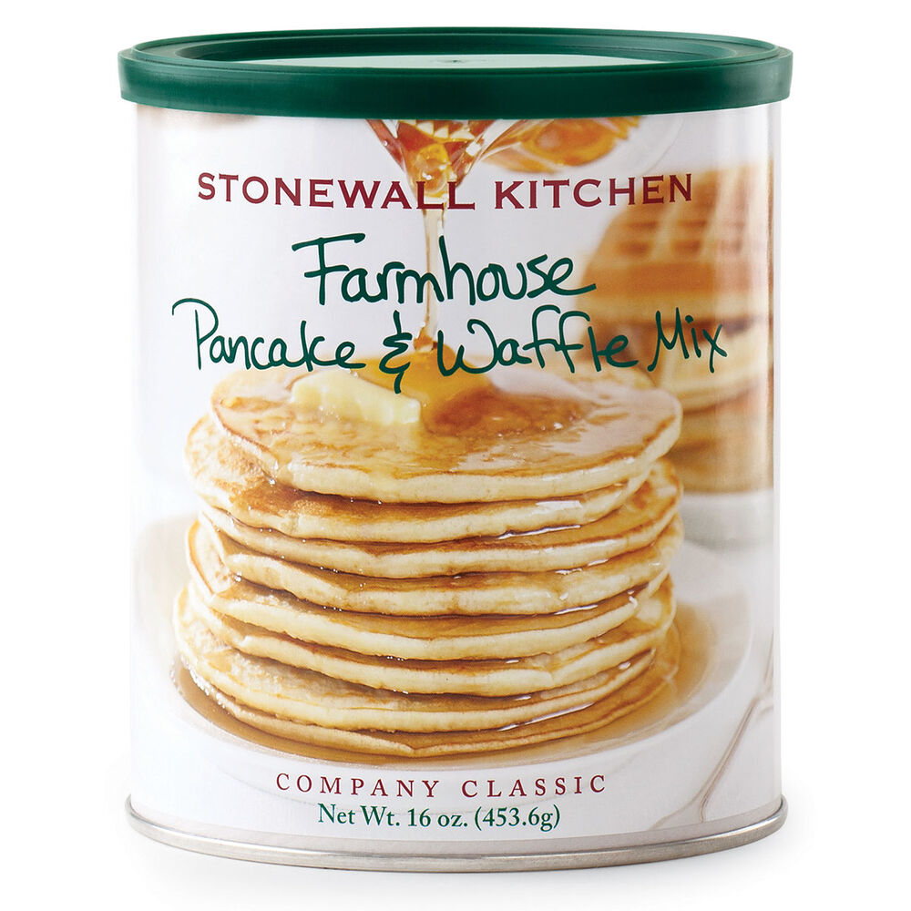 Stonewall Kitchen Farmhouse Pancake & Waffle Mix, 16 oz can featuring a stack of pancakes with syrup pouring, ideal for kitchen gifts and dining essentials at Knotty and Board.