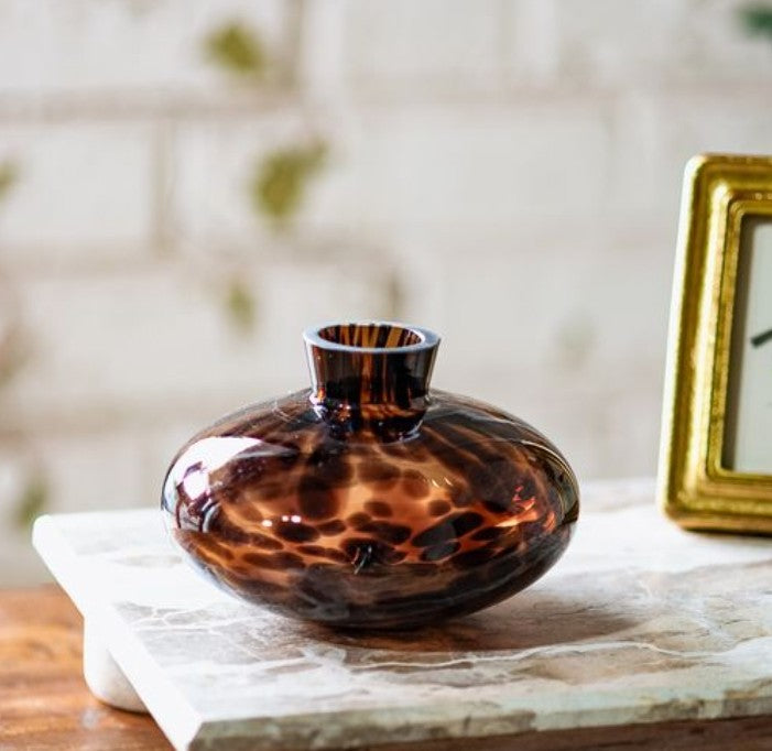 Brown Speckled Vase 5" features a unique glossy brown speckled pattern, perfect for stylish decor, gifts, or adding warmth to any kitchen or dining space.
