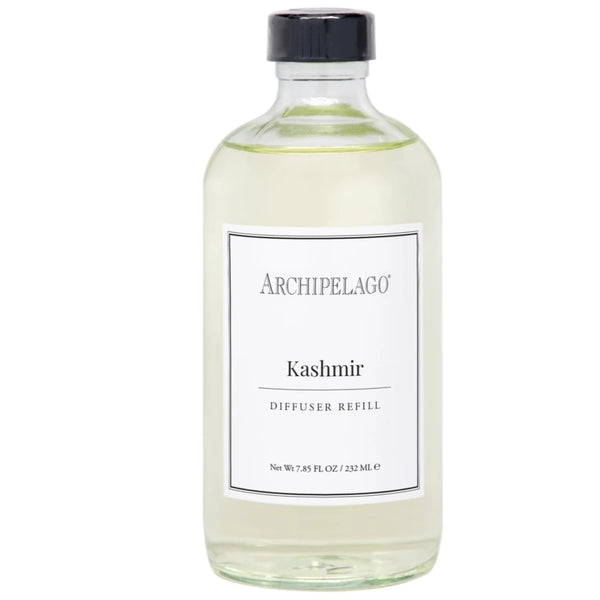 Clear glass bottle of Archipelago Kashmir Diffuser Oil Refill, 7.8 oz, with black cap and minimalist label, perfect for home decor or gifts, available at Knotty and Board.