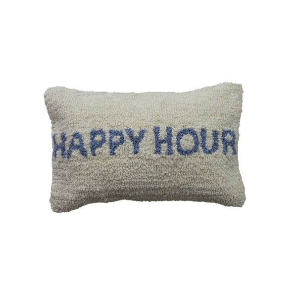 Happy Hour Lumbar Pillow, Natural and Blue with textured knit fabric and playful blue lettering, perfect for adding cozy decor to any living space from Knotty and Board.