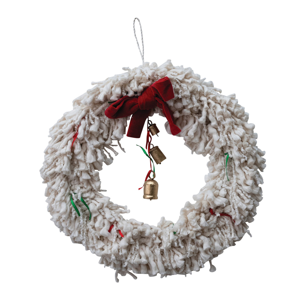 Cotton Blend Yarn Wreath with Red Bow, 18