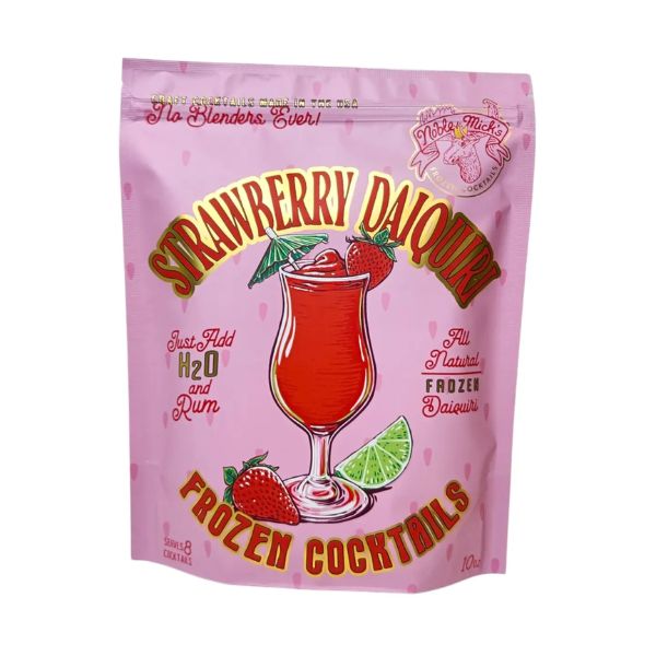 Noble Mick's Frozen Cocktails, Strawberry Daiquiri pouch featuring a vibrant illustration of a red frozen cocktail with a strawberry and lime garnish, ideal for gifts and entertaining.