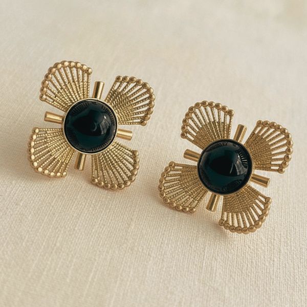 Vintage Floral Design Black Gold Earrings, 2 X 3 in.