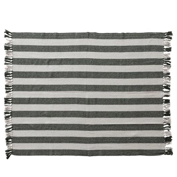 Striped Throw with Fringe, Natural & Green, 60 X 50 in. features alternating natural and green horizontal stripes with fringe on the edges, perfect for cozy home decor by Knotty and Board. Every Room Needs A Little Knotty and Board.