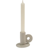 Cruz Candle Holder, White holding an unlit taper candle, featuring a minimalist design perfect for dining or kitchen decor, offered by Knotty and Board. 1