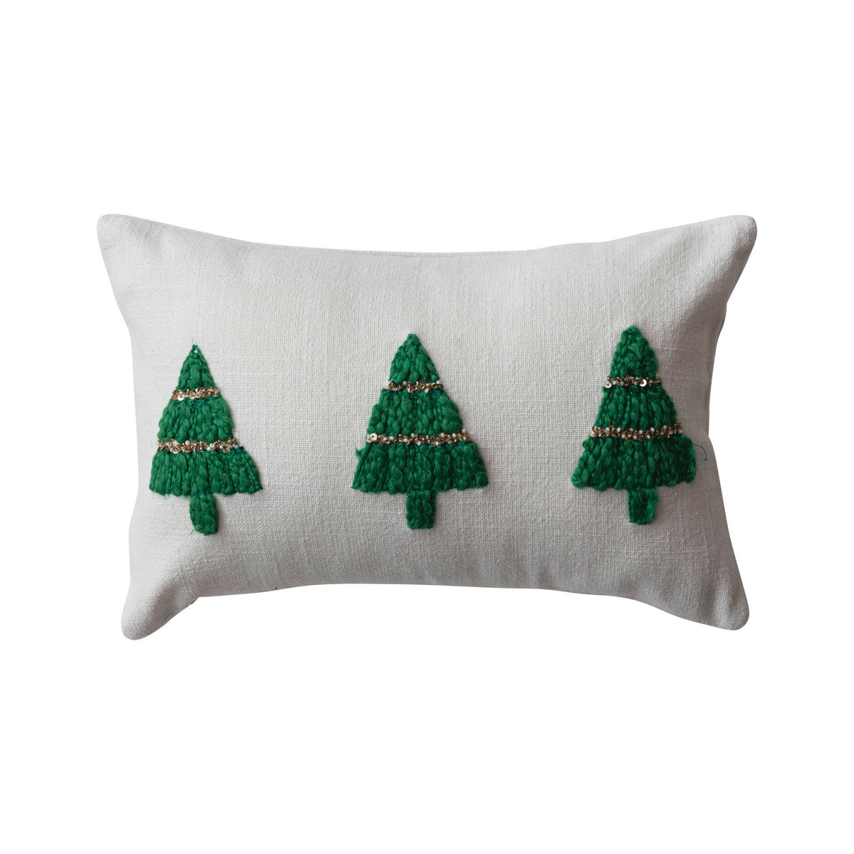 Cotton Slub Lumbar Pillow w/ Embroidered Christmas Trees, 14