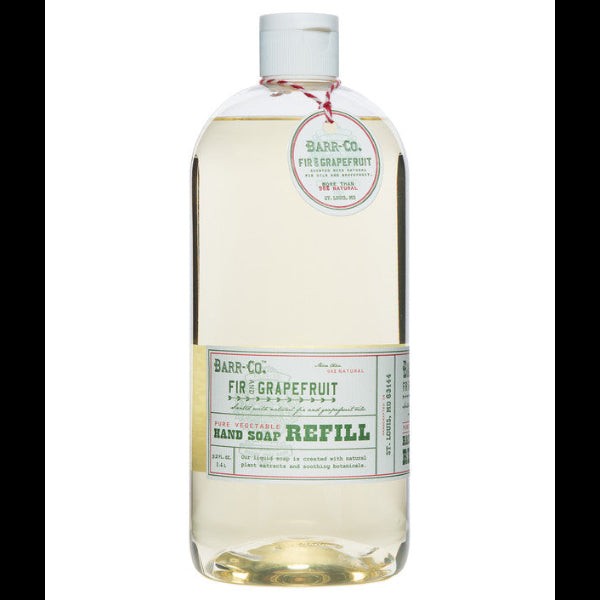Clear bottle of Barr-Co Fir & Grapefruit Hand Soap Refill, 32 oz. with green and red labels, showcasing a natural, plant-based soap designed for kitchen and bathroom use, offered by Knotty and Board.