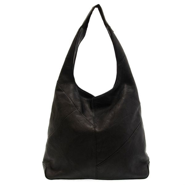 Neve Puzzle Hobo, Black is a stylish, soft leather handbag featuring a unique patchwork design, perfect as a chic gift or decor accessory from Knotty and Board.
