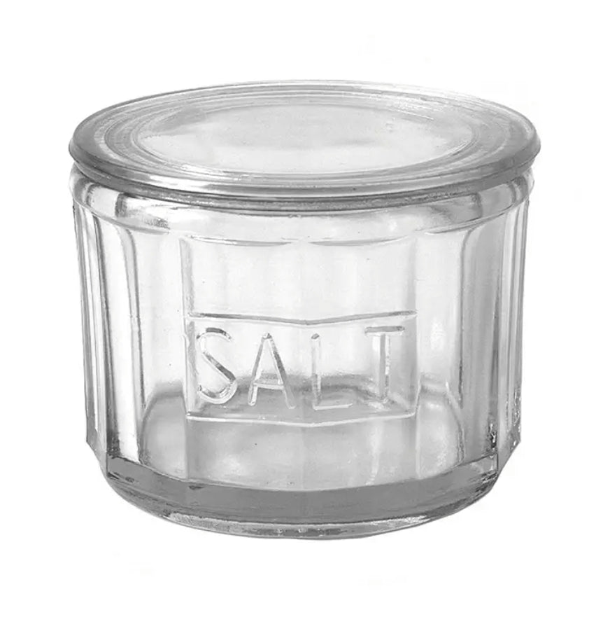 Pressed Glass Salt Cellar 12 oz. in clear glass with embossed 