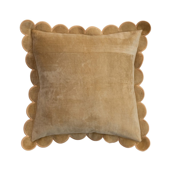 Velvet Pillow with Scalloped Flange & Embroidered Edge, Mustard, 18" square decorative pillow featuring soft velvet fabric and scalloped flange trim, perfect for home decor and gifts.