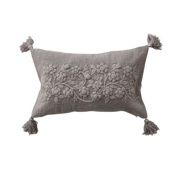 Embroidered Flower Lumbar Pillow with Tassels, Taupe, 20 X 12 in.