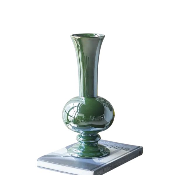 Rounded Vase w/ Pedestal Base Green Electroplating, 14 in. displaying a glossy green finish, perfect for stylish decor and gifts, featured by Knotty and Board for every room.