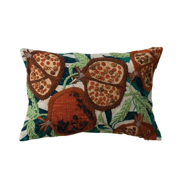 Embroidered Pomegranate Lumbar Pillow, 18 X 12 in. featuring detailed pomegranate embroidery with green leaves on a striped background, perfect for decor and gifts from Knotty and Board. Every Room Needs A Little Knotty and Board.