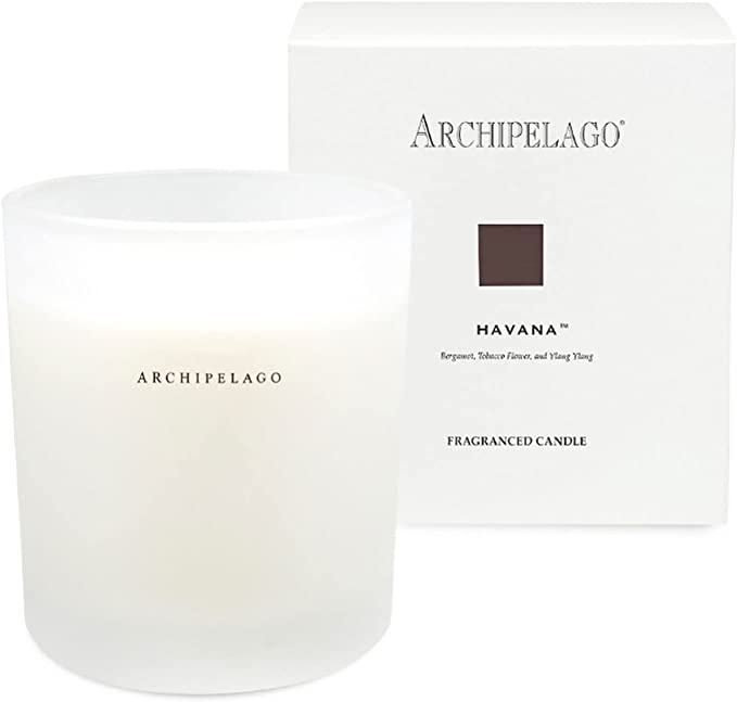Archipelago Havana Boxed Candle, 10 oz with simple white frosted glass and elegant white packaging, available at Knotty and Board for unique home decor and gifts.