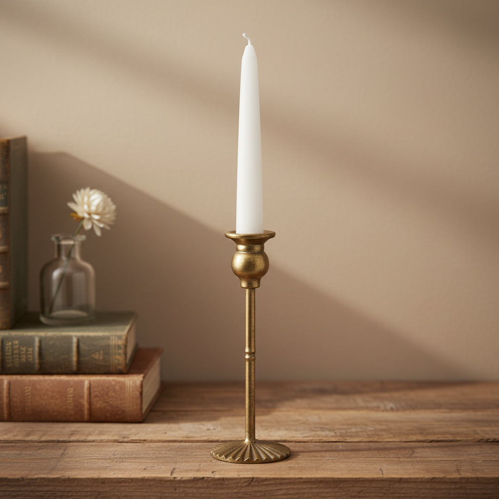 Metal Taper holder with Fluted Base, Antique Gold, 9.25 in.