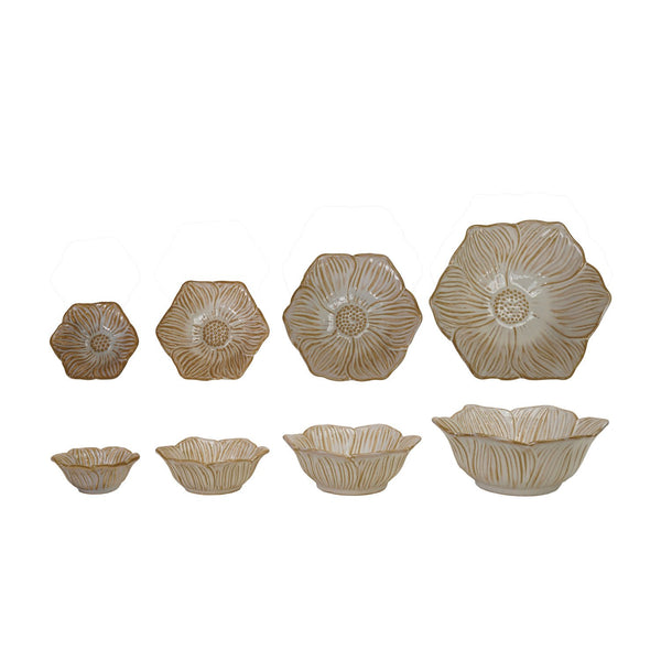 Stoneware Flower Shaped Bowls, Set of 4, 6-3" Rnd, featuring a natural beige color with intricate petal detailing, perfect for kitchen decor and gifts from Knotty and Board.