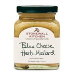 Stonewall Kitchen Blue Cheese Herb Mustard 7.75 oz jar with a green lid, featuring a gluten-free specialty food ideal for kitchen and dining, available from Knotty and Board. 1