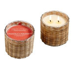 Two Hillhouse, Handwoven Candle 12oz., Grapefruit Pomelo candles in woven natural rattan holders, one lit with two flames and one closed with a grapefruit and persimmon label, ideal for home decor and gifts. 1