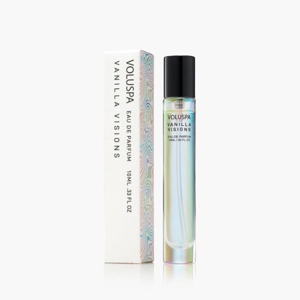 Voluspa, Eau De Parfum, 10 ml, Vanilla Visions in a sleek glass roller bottle with black cap next to its elegant white and iridescent packaging, perfect gift from Knotty and Board.