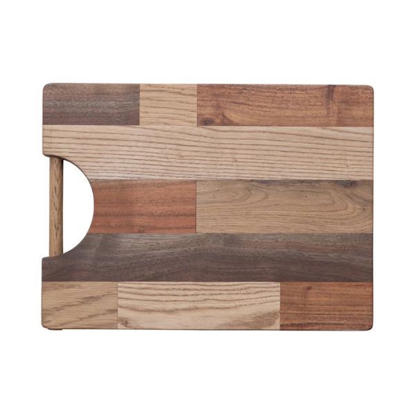 Acacia Cutting Board, Pine & Mango Wood, 15.75 X 11.75 in. featuring a mix of warm wood tones with a built-in handle, perfect for kitchen decor or gifts from Knotty and Board.